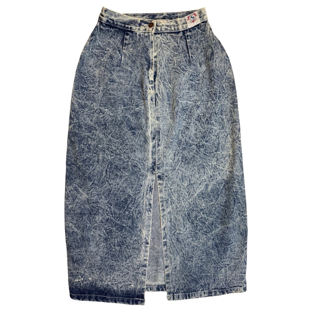 Vintage 80s Acid Wash Denim Midi Skirt USA Made Talon Zip XS S Streetwear